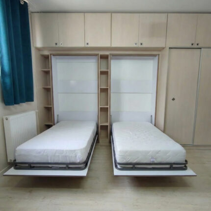 تخت تاشو دو‌نفره دیواری با کمد و قفسه